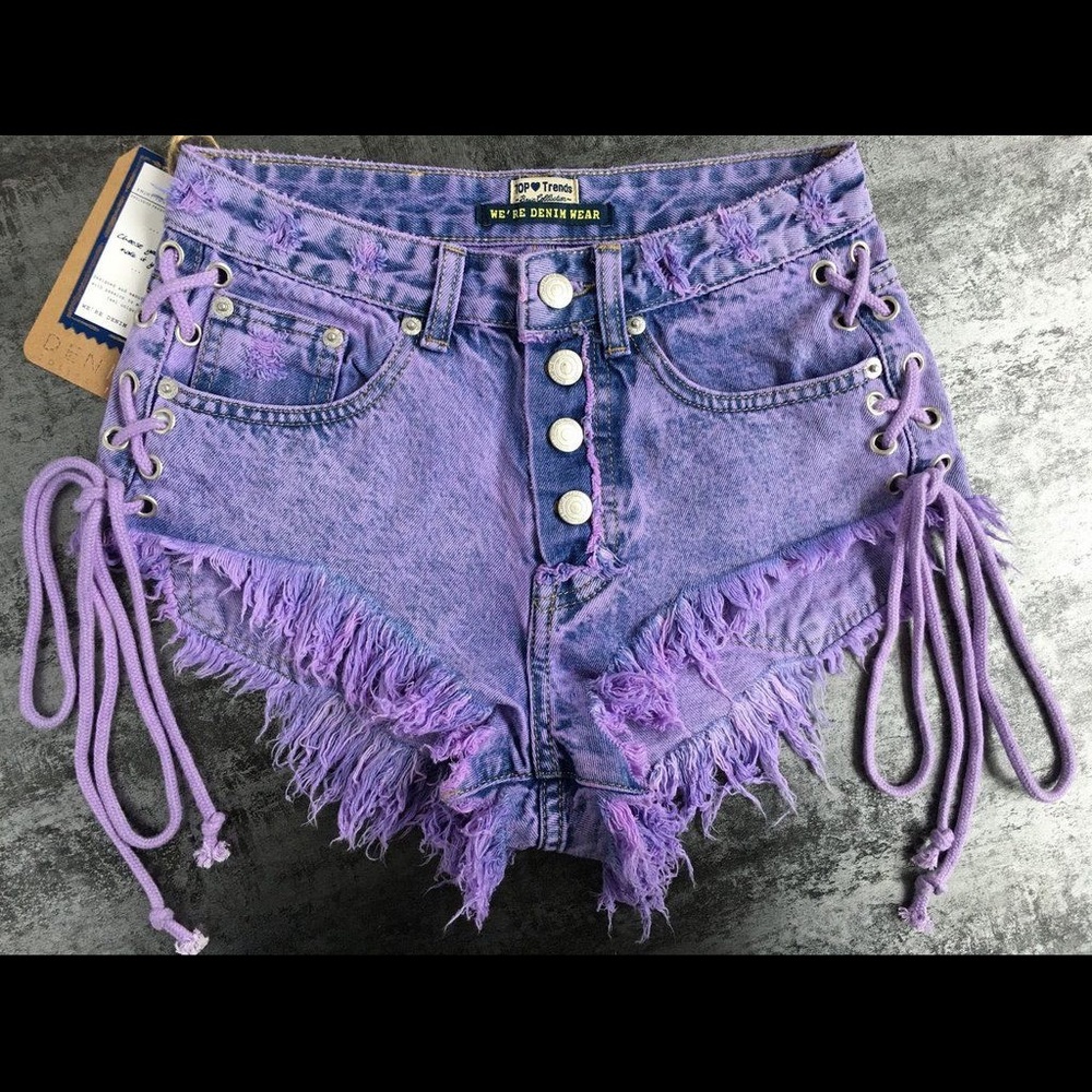 Purple Women Denim High Waist Shorts distressed